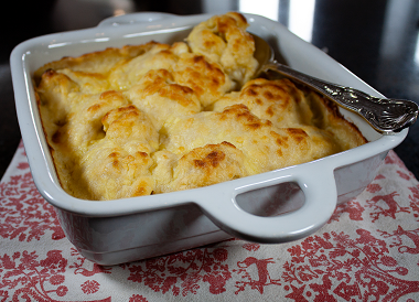 Cauliflower cheese in a serving bowl
