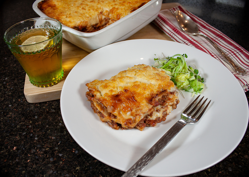 A plate of lasagne