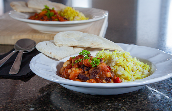 A mixed bean chilli on a plate